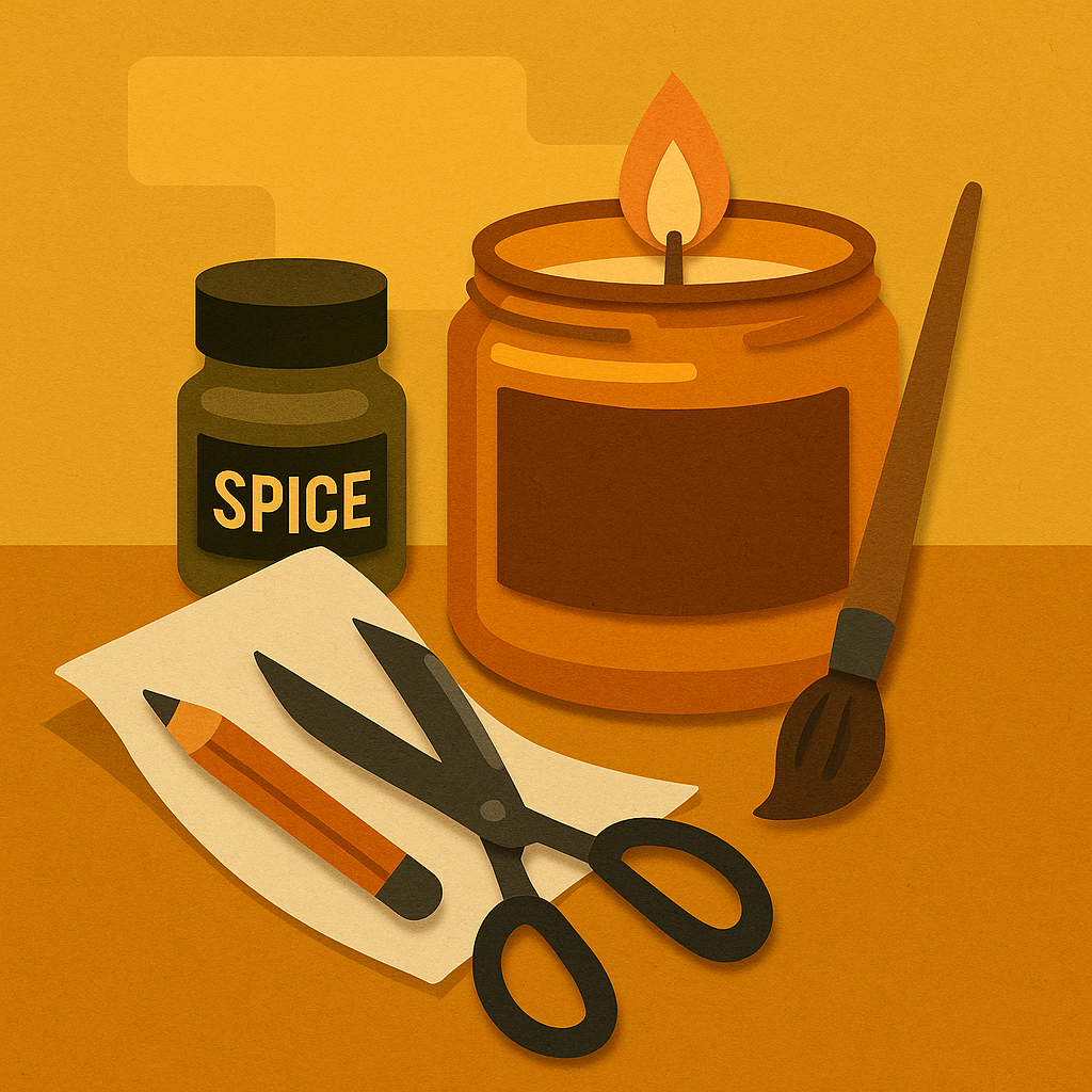Crafting illustration showing candle, spice jar, and tools